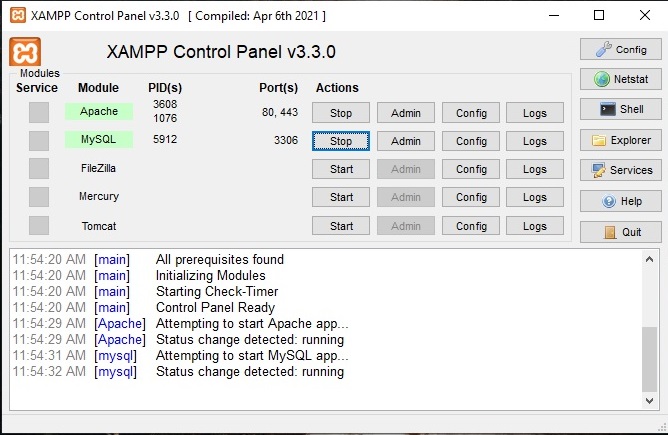 XAMPP control panel